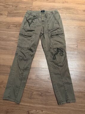 Khaki Green Cargo Pants with Leaf Embroidered Details - WHBM